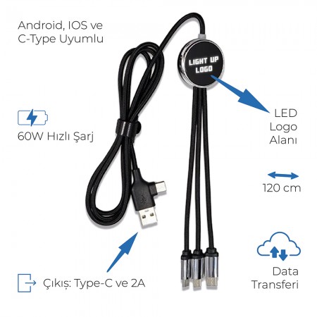 Işıklı Logo 60W Hızlı Type-C Uçlu Data Transferli Şarj Kablosu (Çantalı)