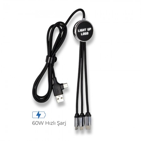 Işıklı Logo 60W Hızlı Type-C Uçlu Data Transferli Şarj Kablosu