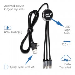 Işıklı Logo 60W Hızlı Type-C Uçlu Data Transferli Şarj Kablosu