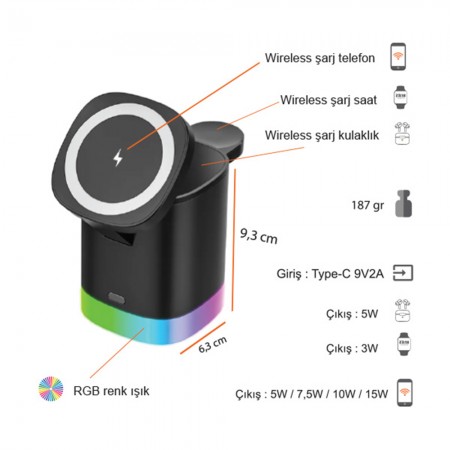 Kablosuz Şarj Standı (Telefon, Saat, Kulaklık)