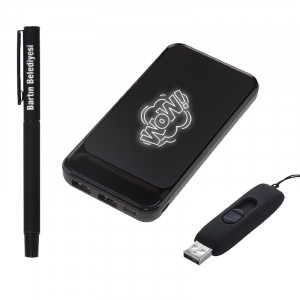 5057 Siyah Kalem & Powerbank & Usb Set